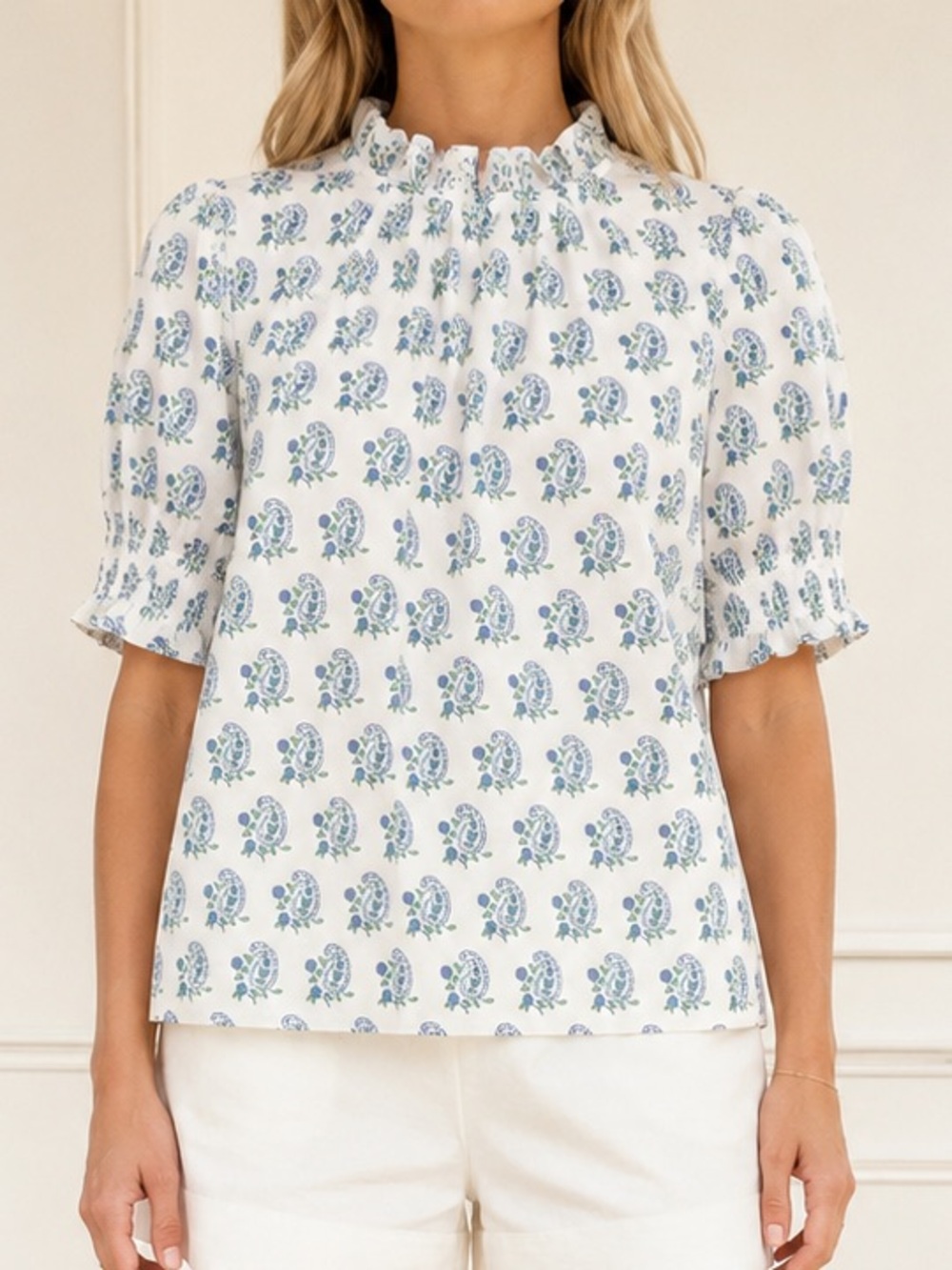 J. Crew x SZ Blockprints Paisley Puff Sleeve Top White Blue Organic Cotton Large